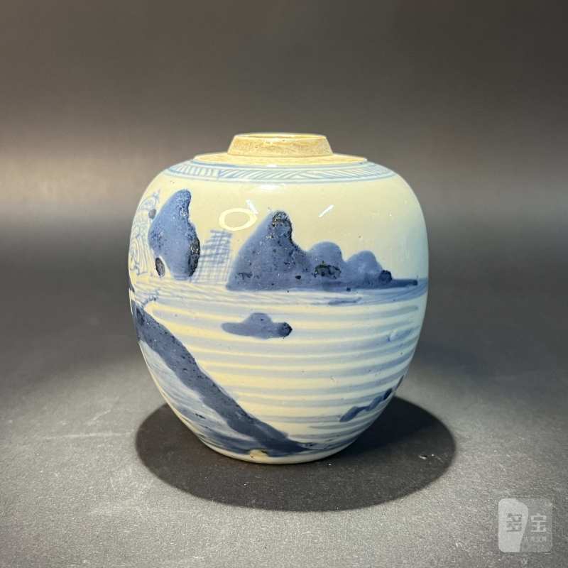 清 青花山水人物纹小罐 - 图2